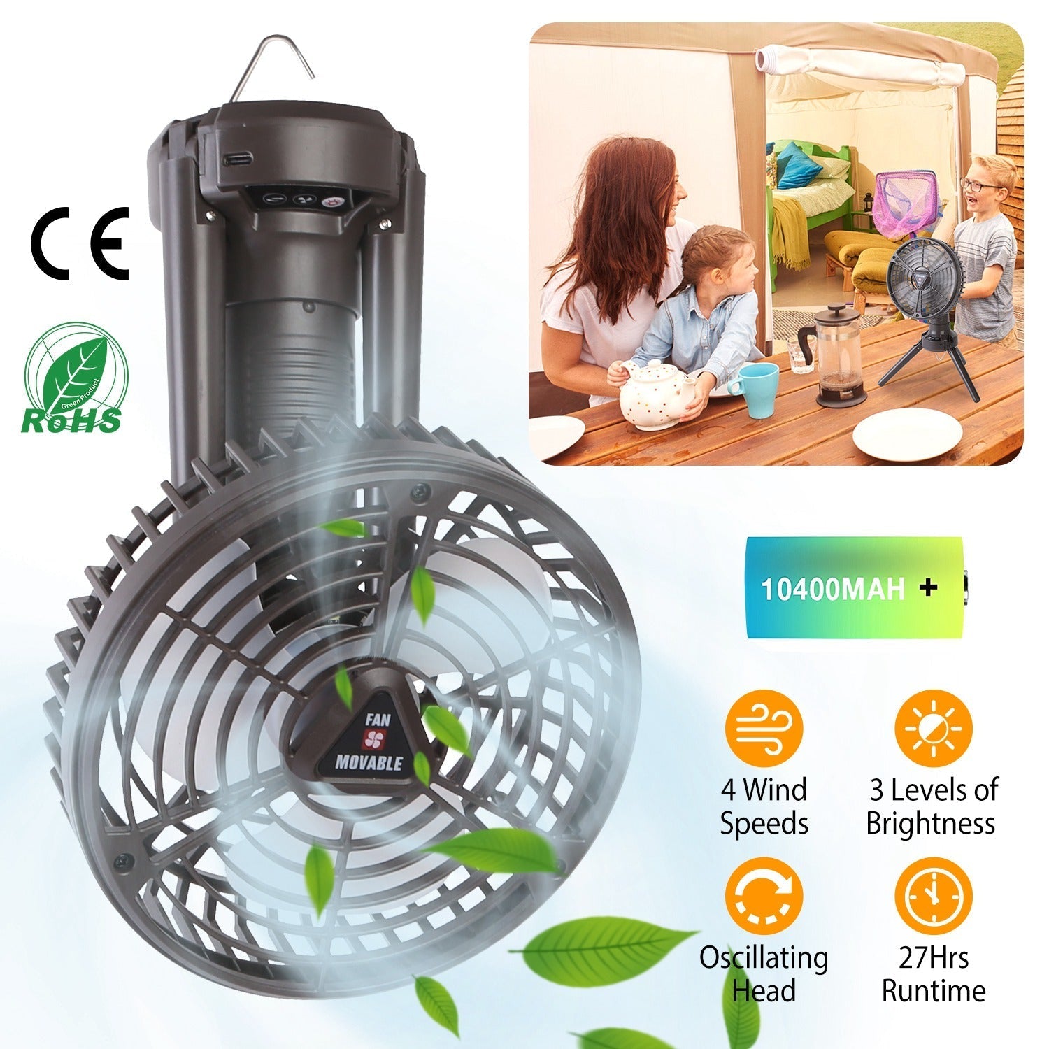 GemGear 10400mAh portable camping fan with LED light, rechargeable oscillating tripod tent fan on Tampa Home & Garden Store