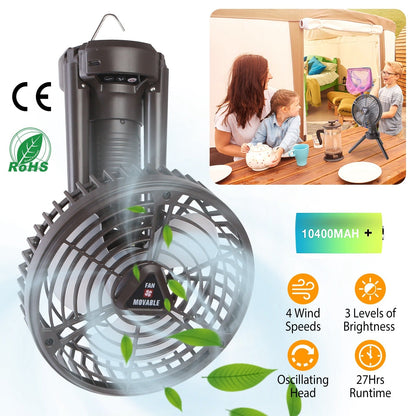 GemGear 10400mAh portable camping fan with LED light, rechargeable oscillating tripod tent fan on Tampa Home & Garden Store