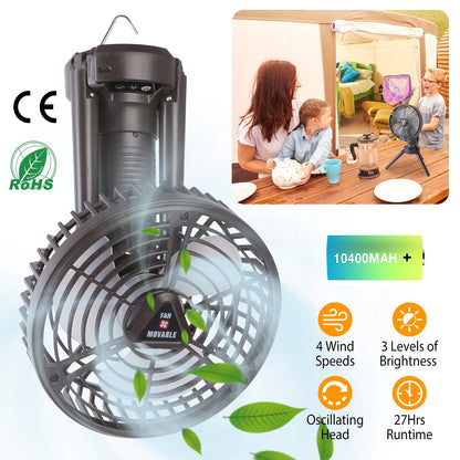 Portable camping fan with LED light, black foldable tripod, oscillating, 10400mAh battery on Tampa Home & Garden Store