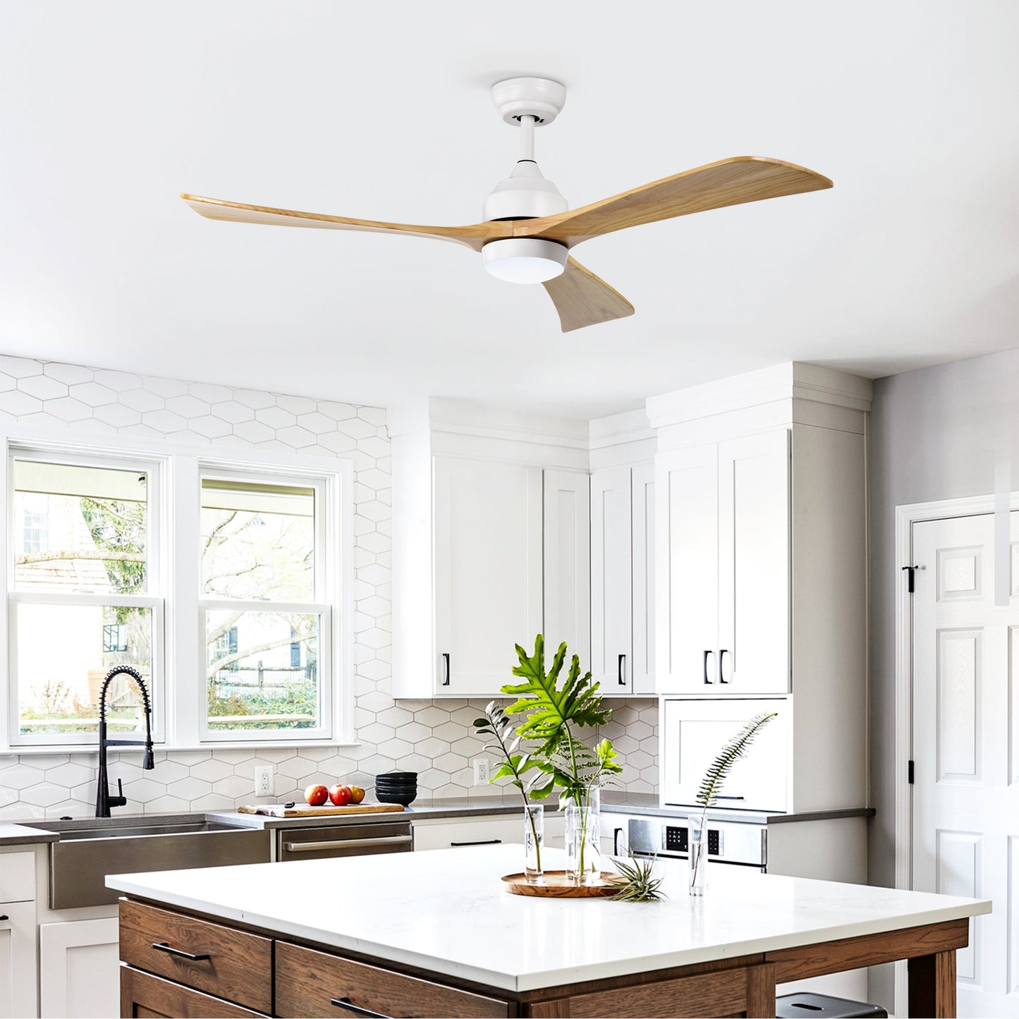 52-inch solid wood blades ceiling fan with lights and remote, white housing, three blades on Tampa Home & Garden Store