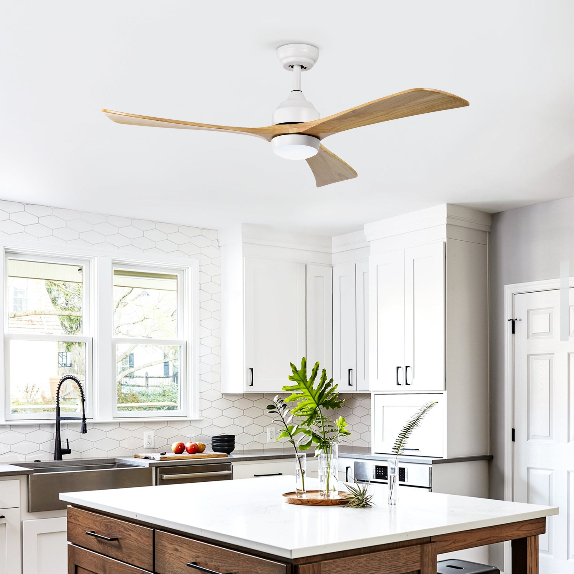 52-inch solid wood blades ceiling fan with lights and remote, white housing, three blades on Tampa Home & Garden Store