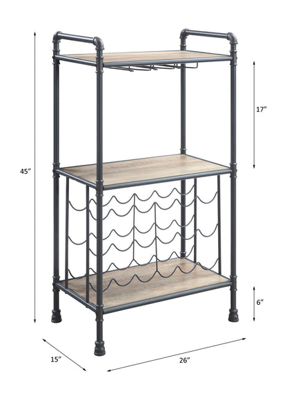 Brantley Wine Rack HouseOfZazla gray industrial metal frame with oak shelves 3-tier bottle rack on Tampa Home & Garden Store