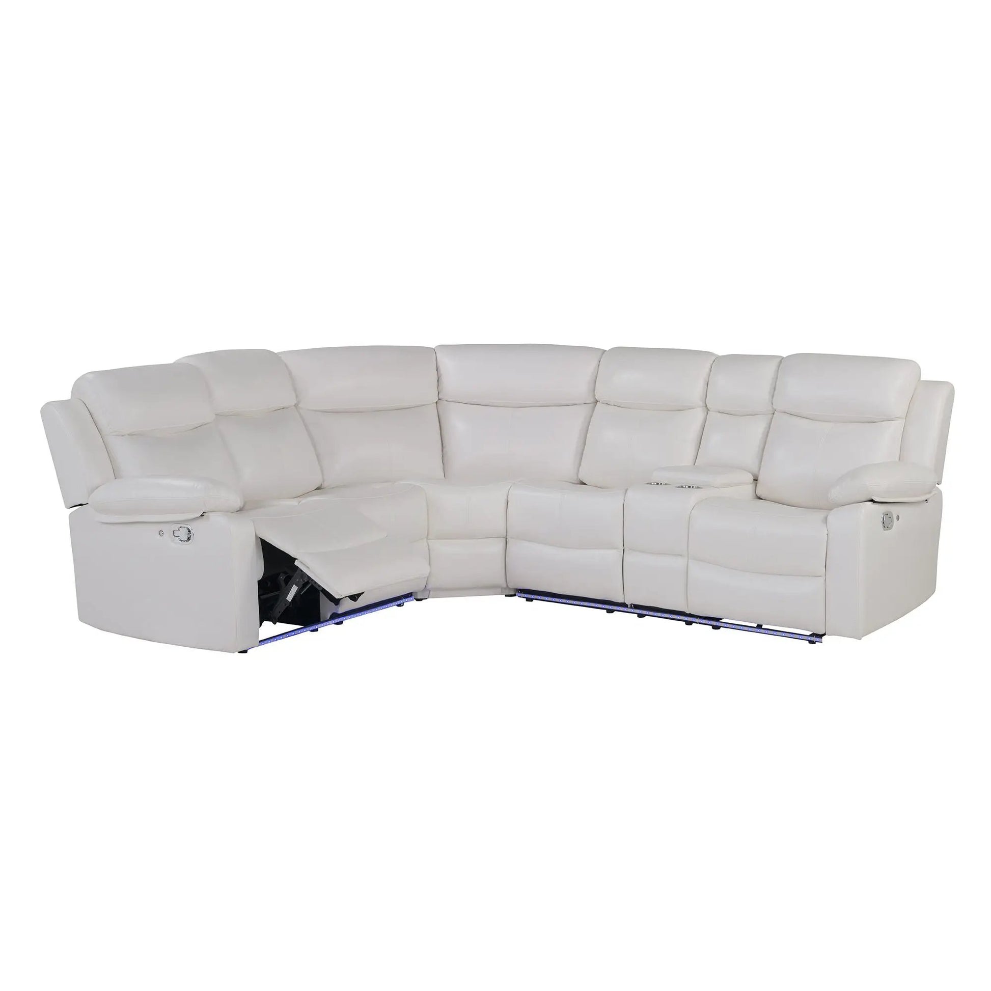 Sectional reclining sofa with storage, white leather, built-in cupholders and LED-lit base on Tampa Home & Garden Store