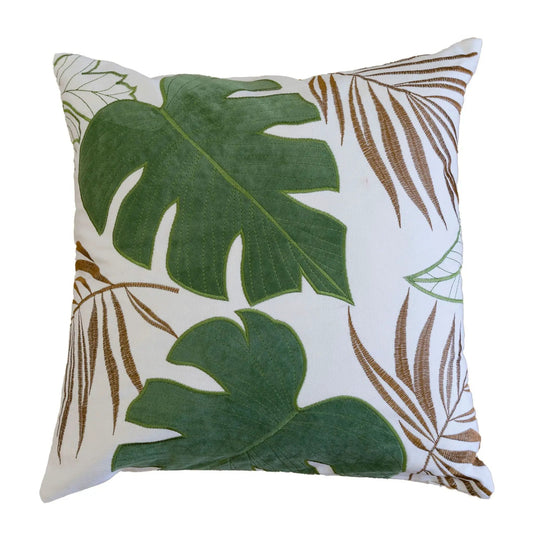 Autumn Vibes Leaf Accent Pillow with green botanical leaves on white fabric on Tampa Home & Garden Store
