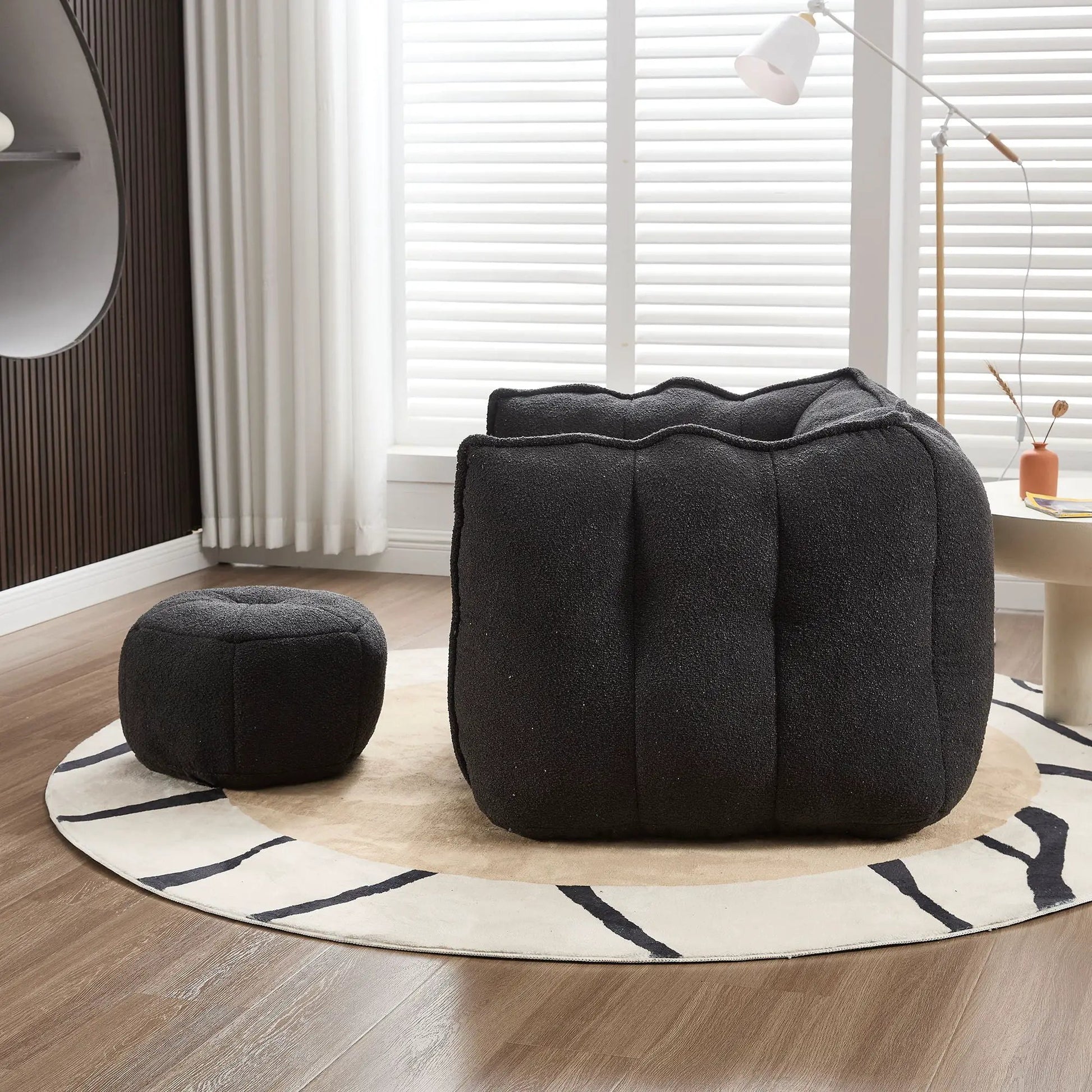 Soft Bean Bag Chair With High Resilient Foam and black ottoman in textured fabric on Tampa Home & Garden Store