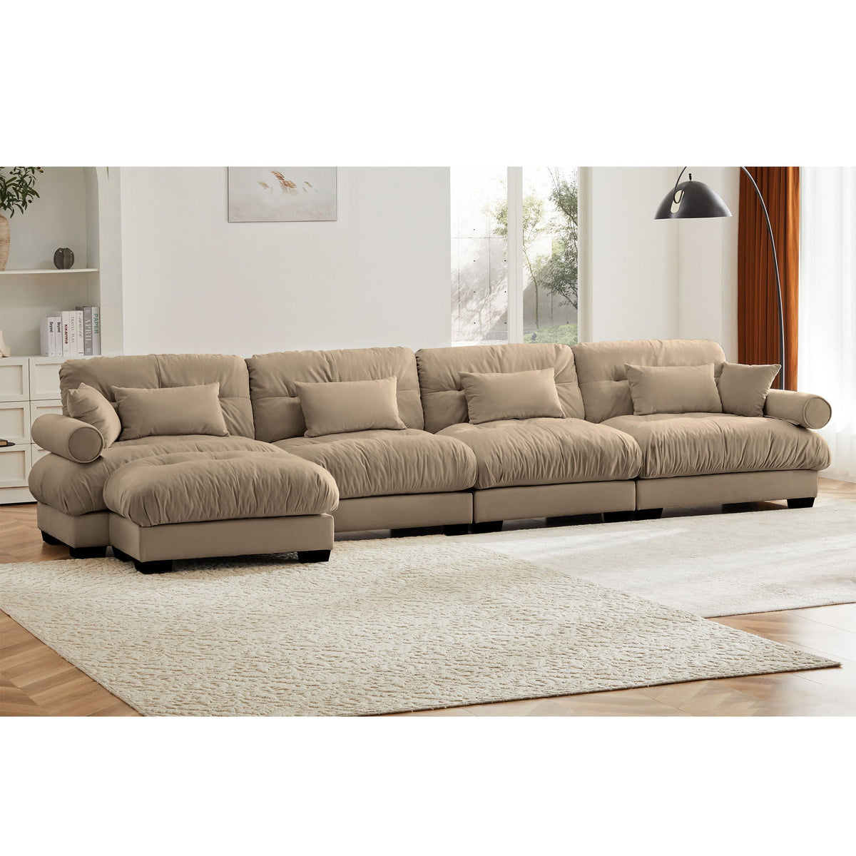 Modern beige fabric sectional sofa with ottoman, round bolster arms HouseOfZazla 2pc set on Tampa Home & Garden Store
