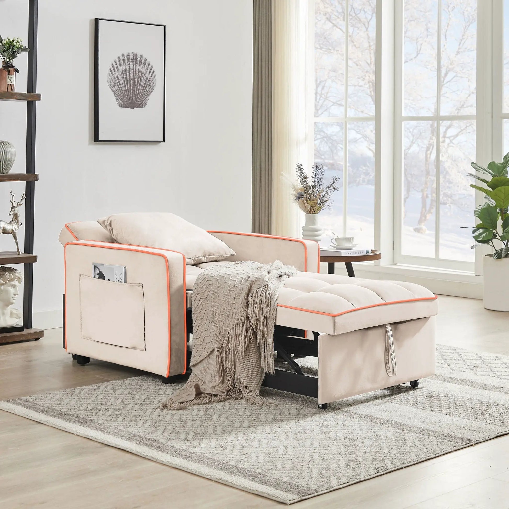 Modern 3-in-1 sleeper chair beige fabric with orange piping adjustable recliner on Tampa Home & Garden Store