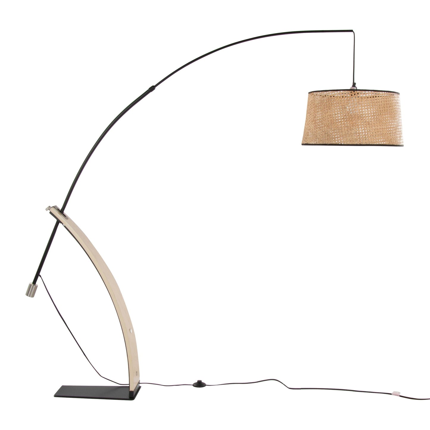 Robyn Mid-Century Modern Floor Lamp with black arc steel frame and woven beige shade on Tampa Home & Garden Store