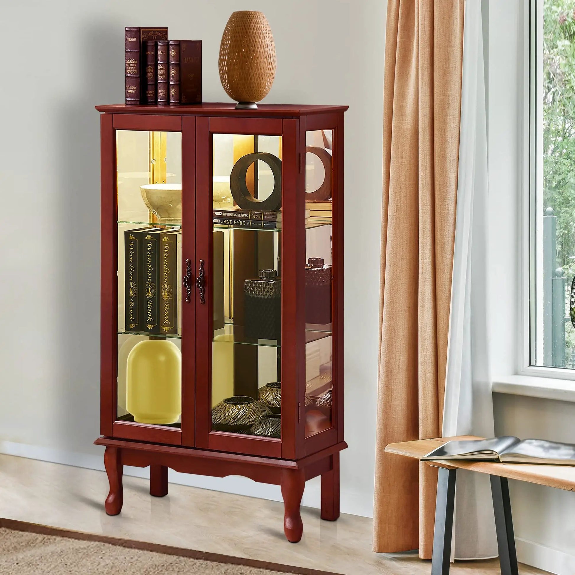Curio cabinet with tempered glass doors, 3-tier display, adjustable shelves, mirrored back on Tampa Home & Garden Store