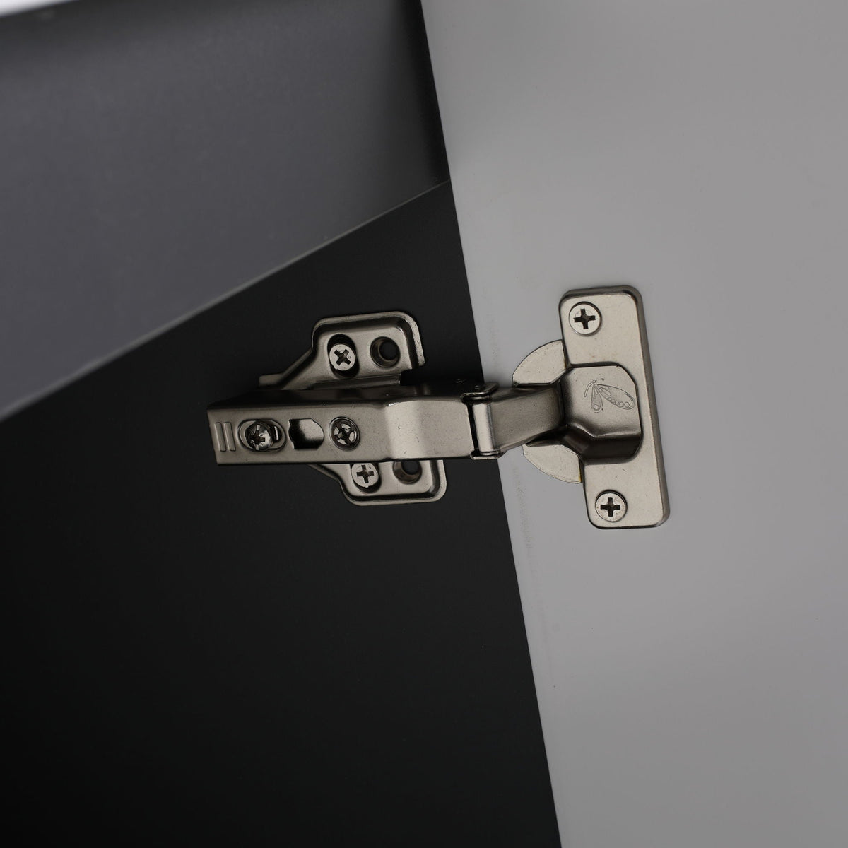 Freestanding bathroom vanity with soft-close hinges on light gray door on Tampa Home & Garden Store