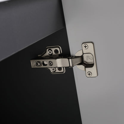 Freestanding bath vanity door hinge close-up; white cabinet with metal hardware on Tampa Home & Garden Store