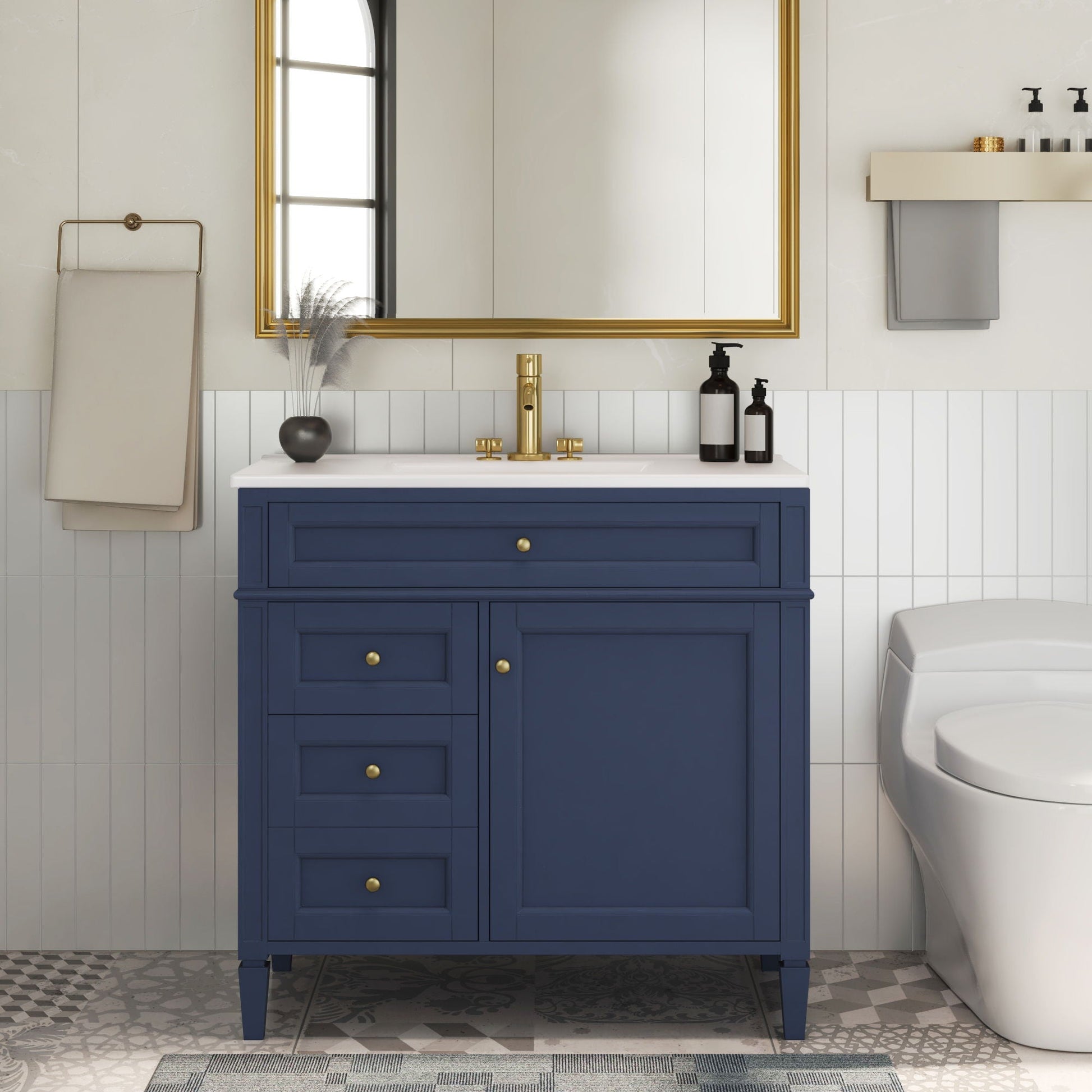 Blue bathroom vanity with top sink by HouseOfZazla; 2 drawers, tip-out drawer, gold hardware on Tampa Home & Garden Store