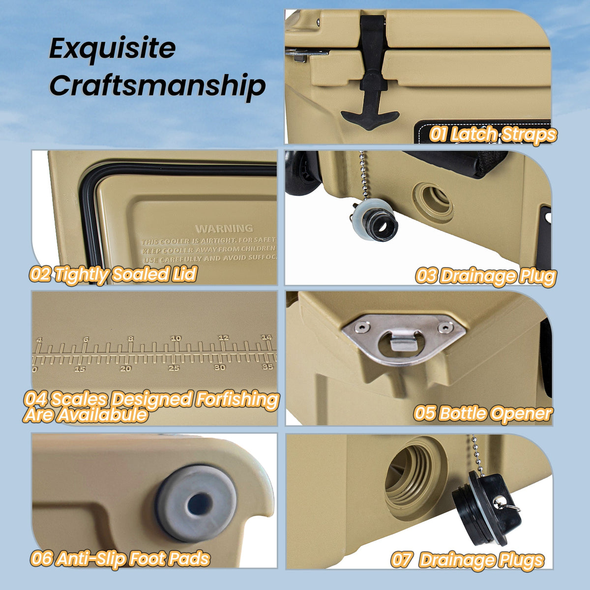 Khaki 65QT Ice Cooler Box by HouseOfZazla; deck storage with latch straps and tight lid on Tampa Home & Garden Store