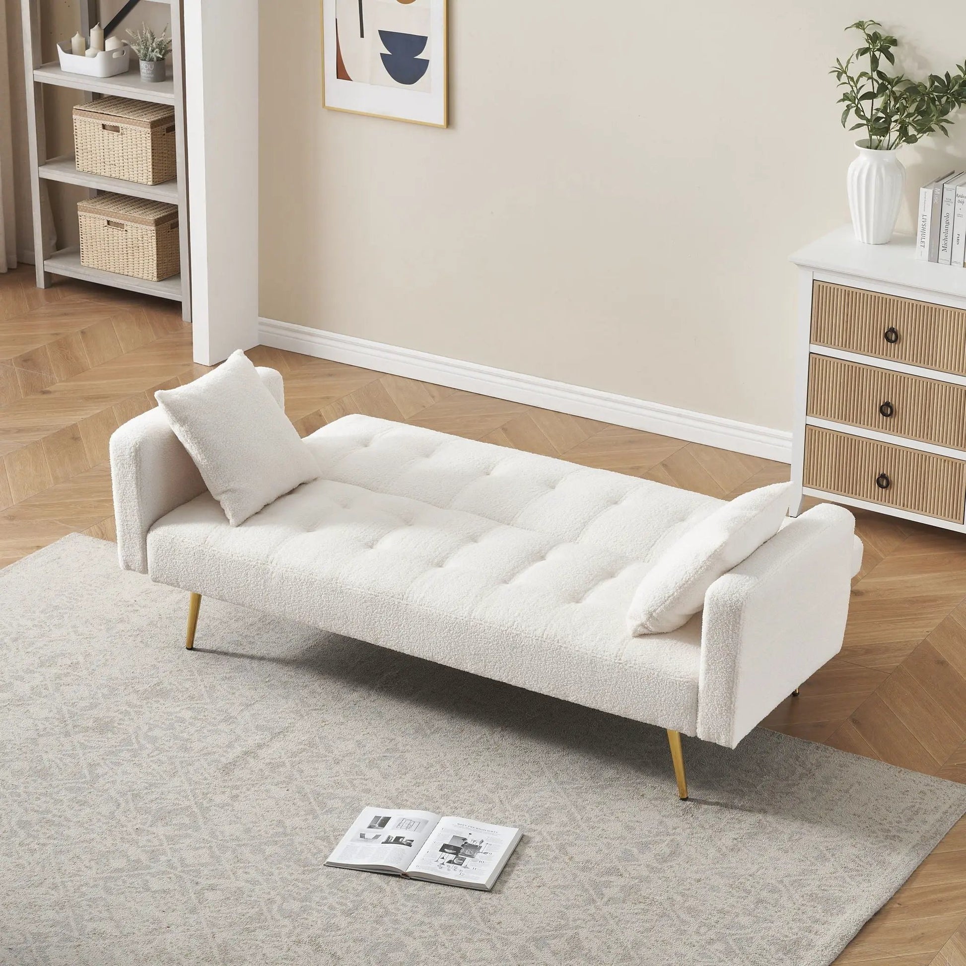Teddy Fleece Futon Sofa Bed by Unique Piece Furniture in white with plush throw pillows on Tampa Home & Garden Store