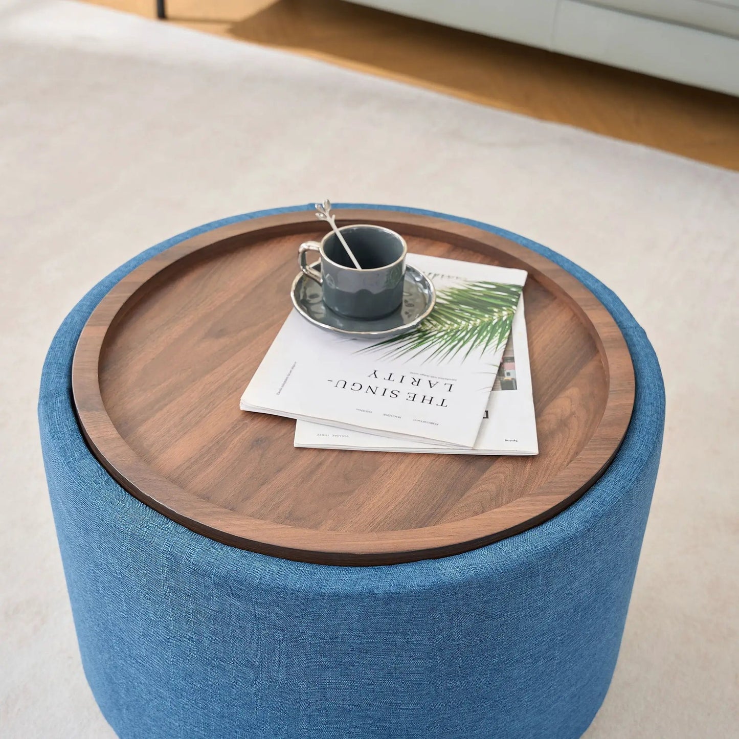 Round wood coffee table with blue upholstered ottomans and tray (set of 2) Unique Piece Furniture on Tampa Home & Garden Store