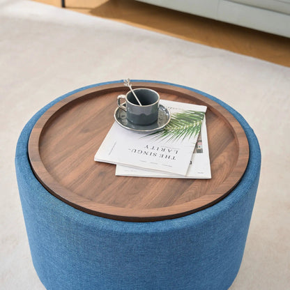 Round wood coffee table with blue upholstered ottomans and tray (set of 2) Unique Piece Furniture on Tampa Home & Garden Store