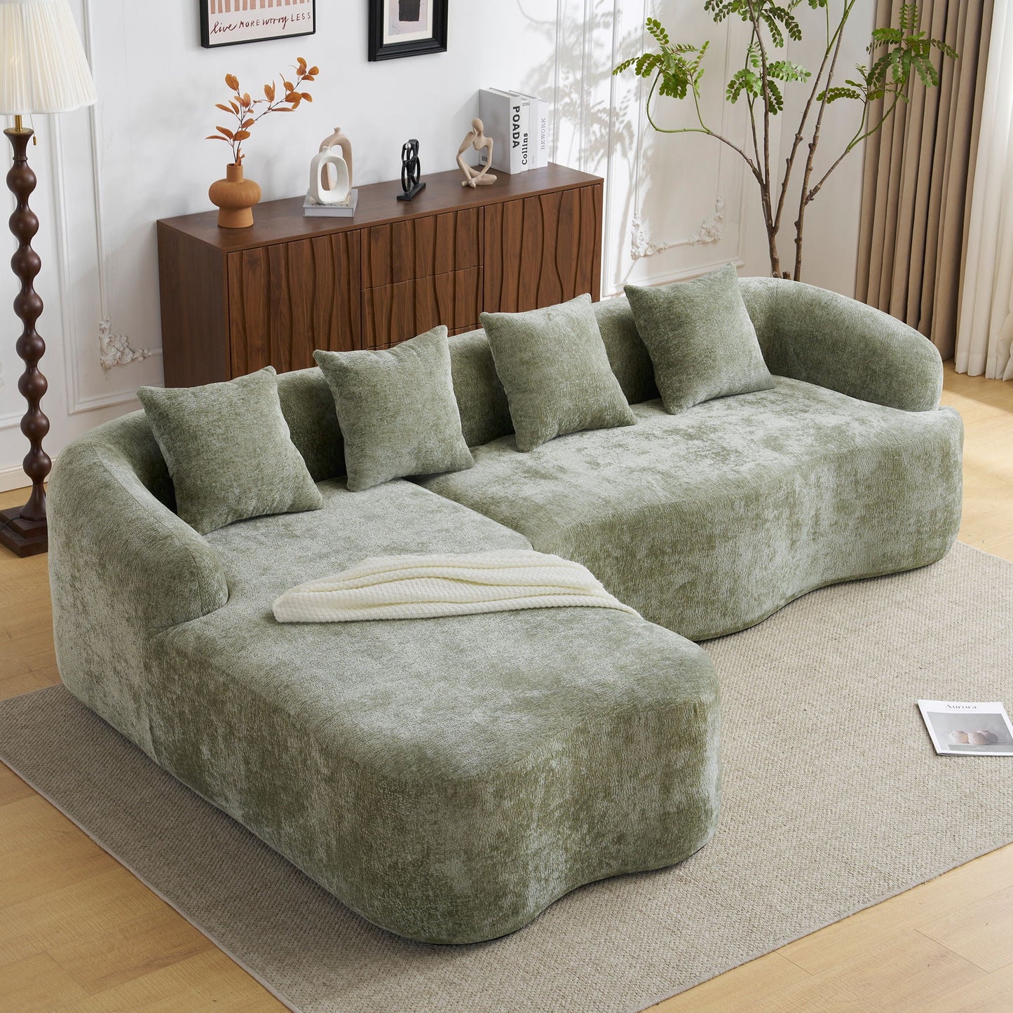 Modular L-Shape Sectional Sofa with Curved Chaise in green velvet by HouseOfZazla on Tampa Home & Garden Store