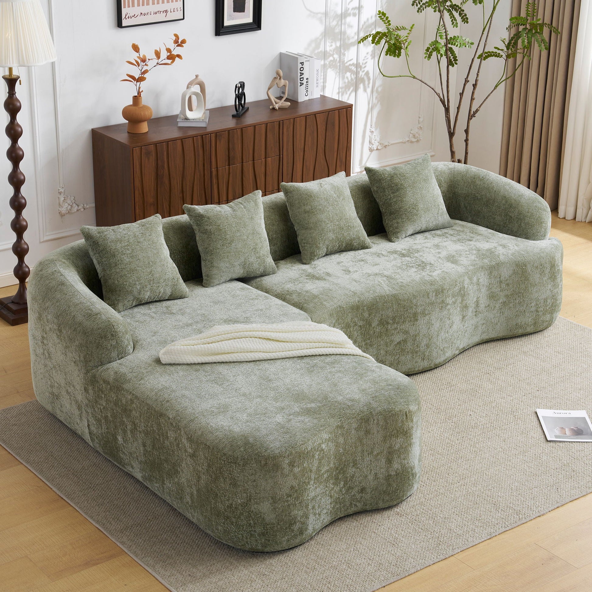 Modular L-Shape Sectional Sofa with Curved Chaise in green velvet by HouseOfZazla on Tampa Home & Garden Store