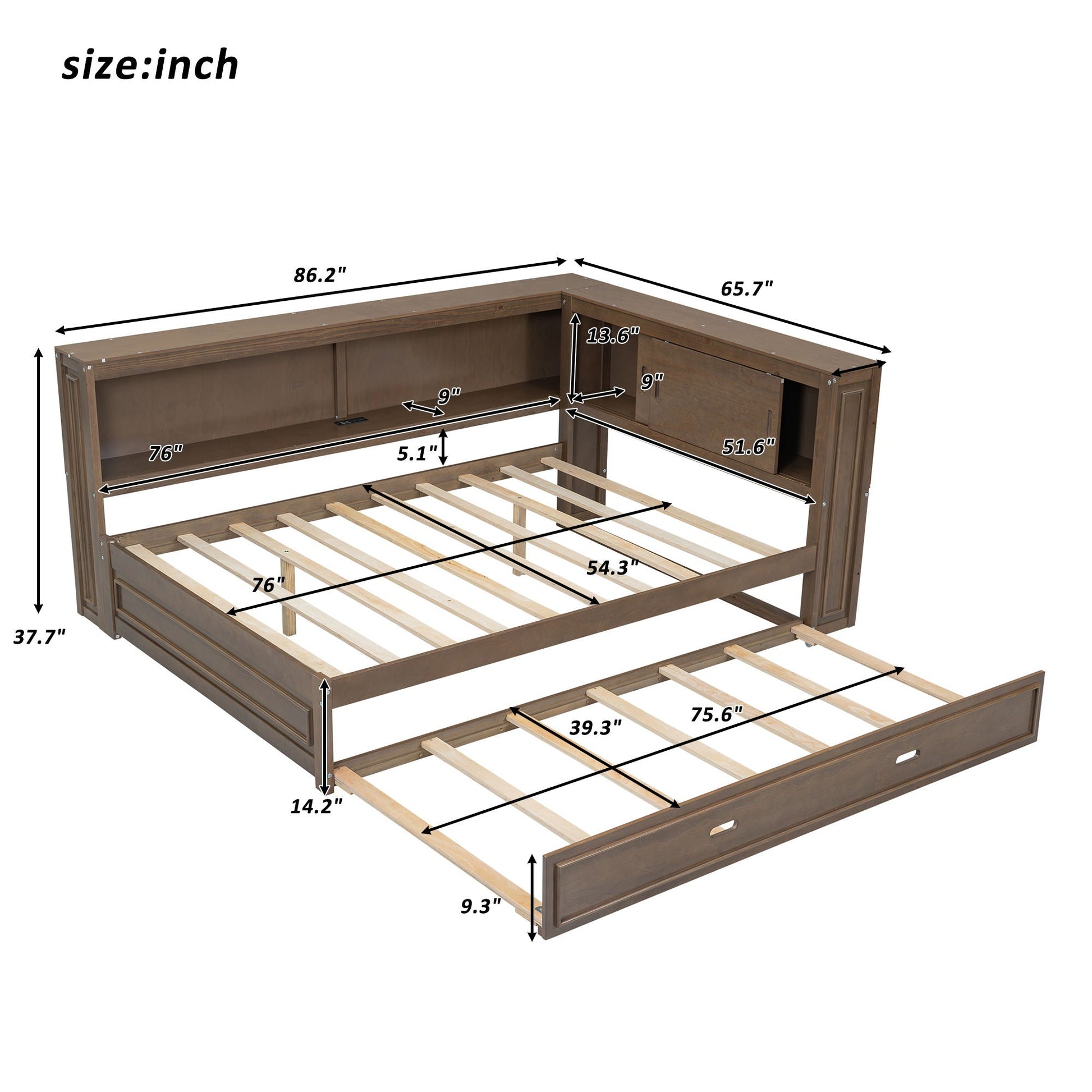 Wooden daybed with built-in storage shelves and trundle in brown finish on Tampa Home & Garden Store