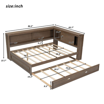 Wooden daybed with built-in storage shelves and trundle in brown finish on Tampa Home & Garden Store