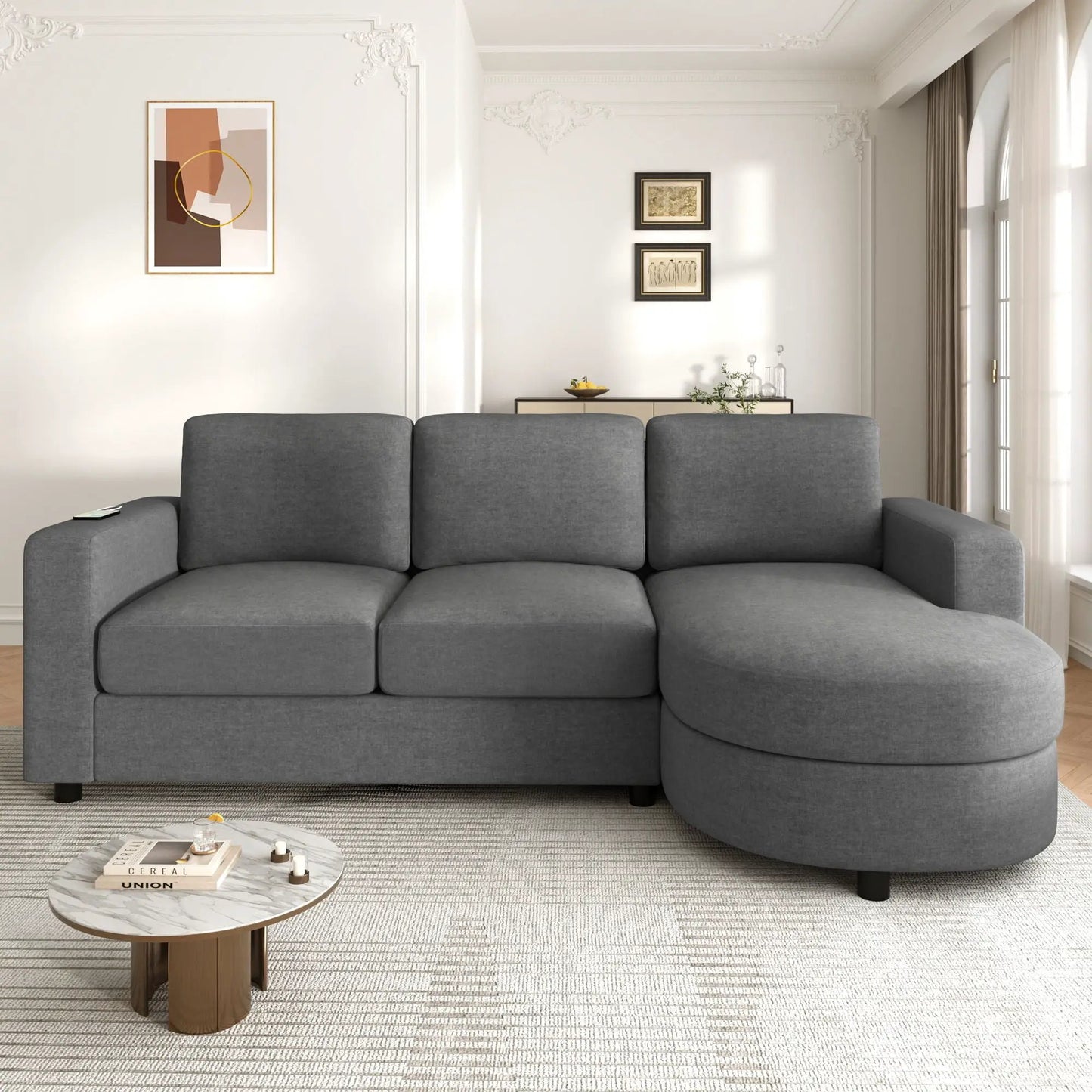 Modern L-shaped sectional sofa with curved chaise in dark gray fabric on Tampa Home & Garden Store
