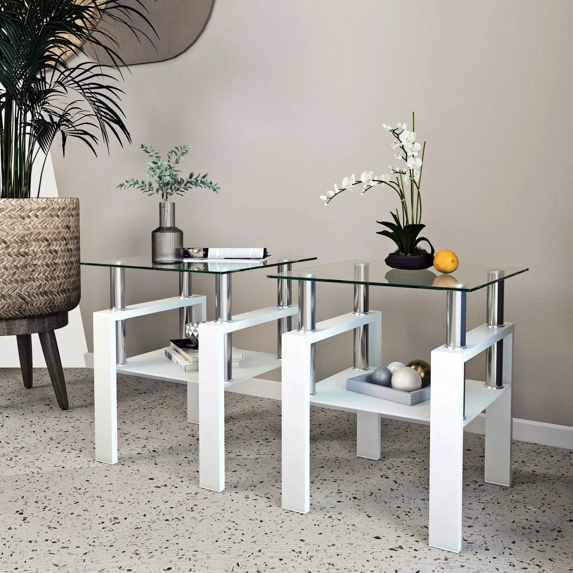 Pair of tempered glass tea tables with chrome legs by Unique Piece Furniture on Tampa Home & Garden Store