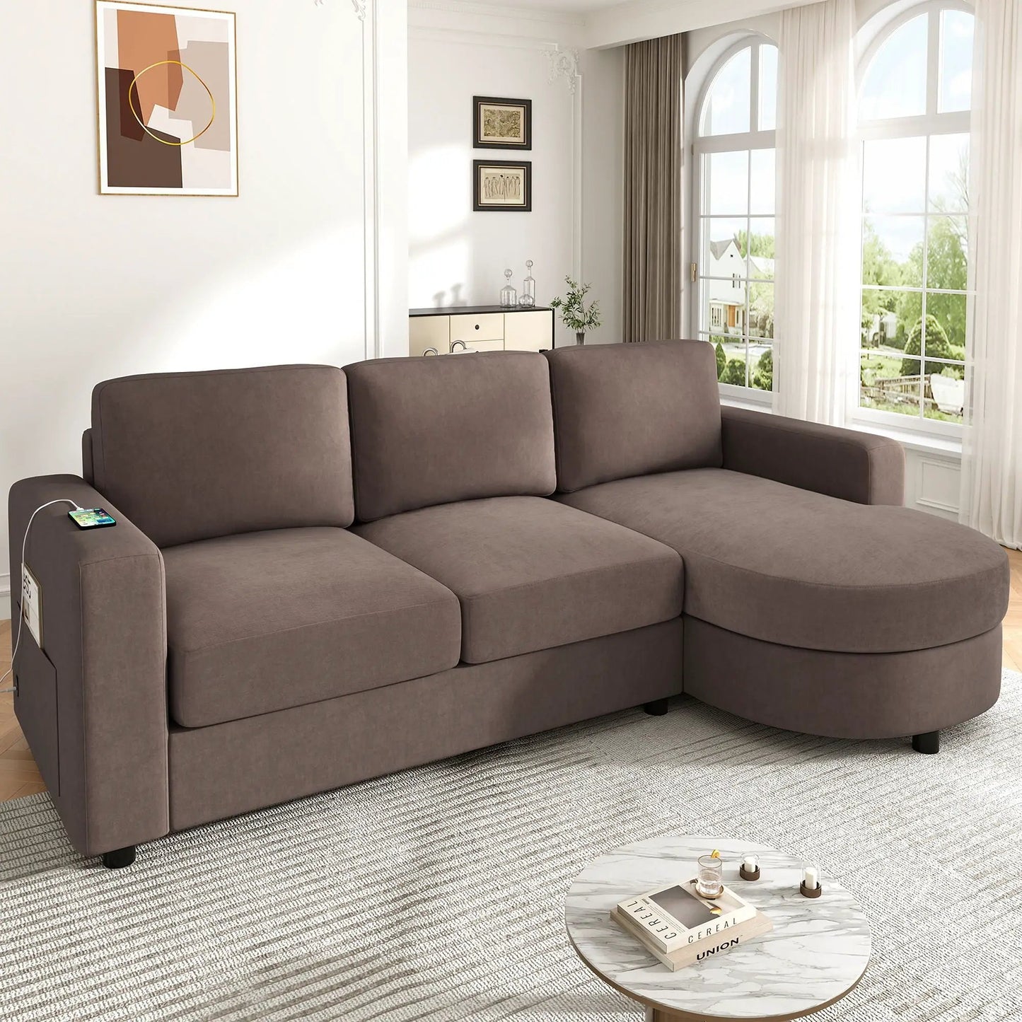 Stationary L-shaped sectional sofa with curved chaise, taupe fabric, USB ports, side pockets on Tampa Home & Garden Store