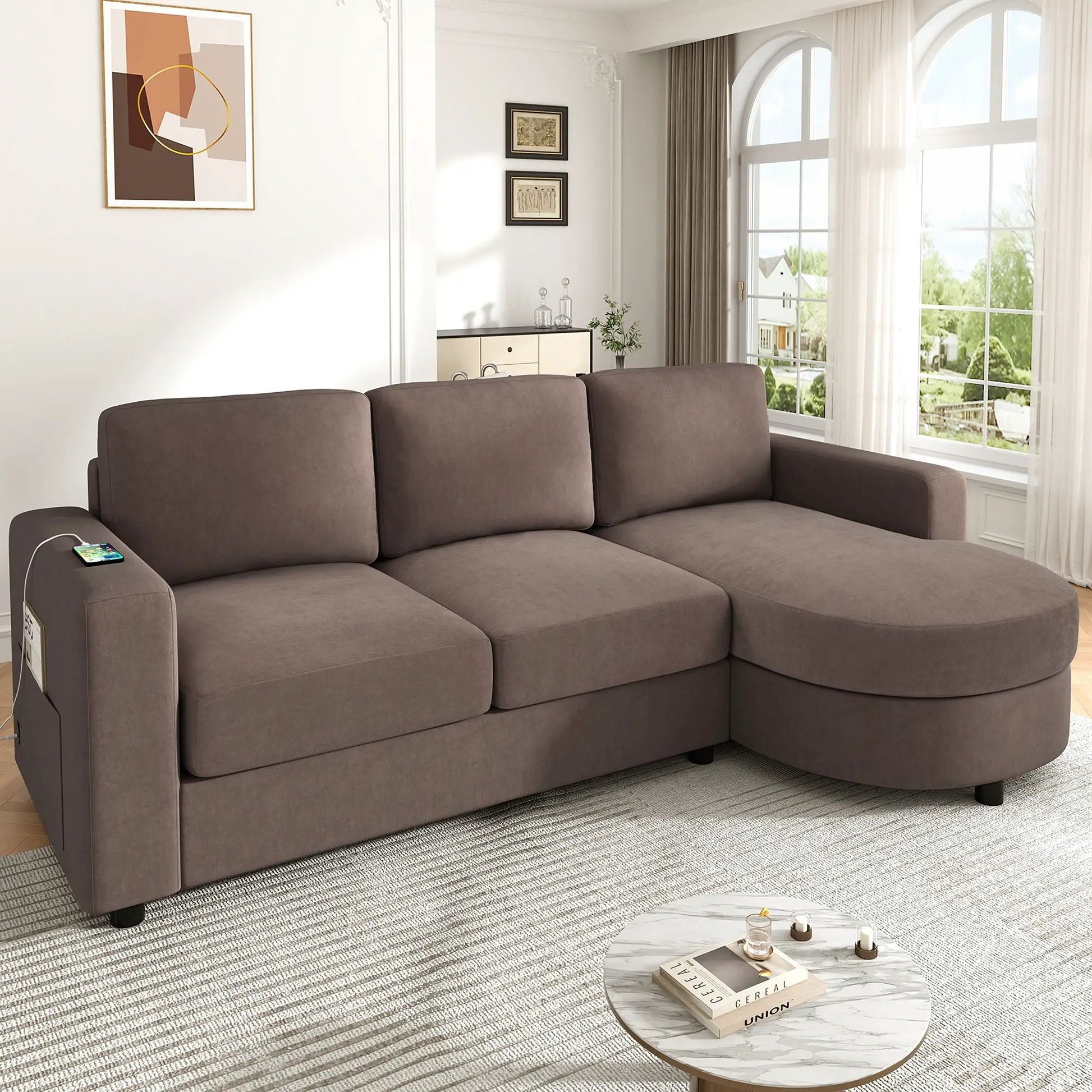 Stationary L-shaped sectional sofa with curved chaise, taupe fabric, USB ports, side pockets on Tampa Home & Garden Store