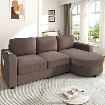 Stationary L-shaped sectional sofa with curved chaise, taupe fabric, USB ports, side pockets on Tampa Home & Garden Store