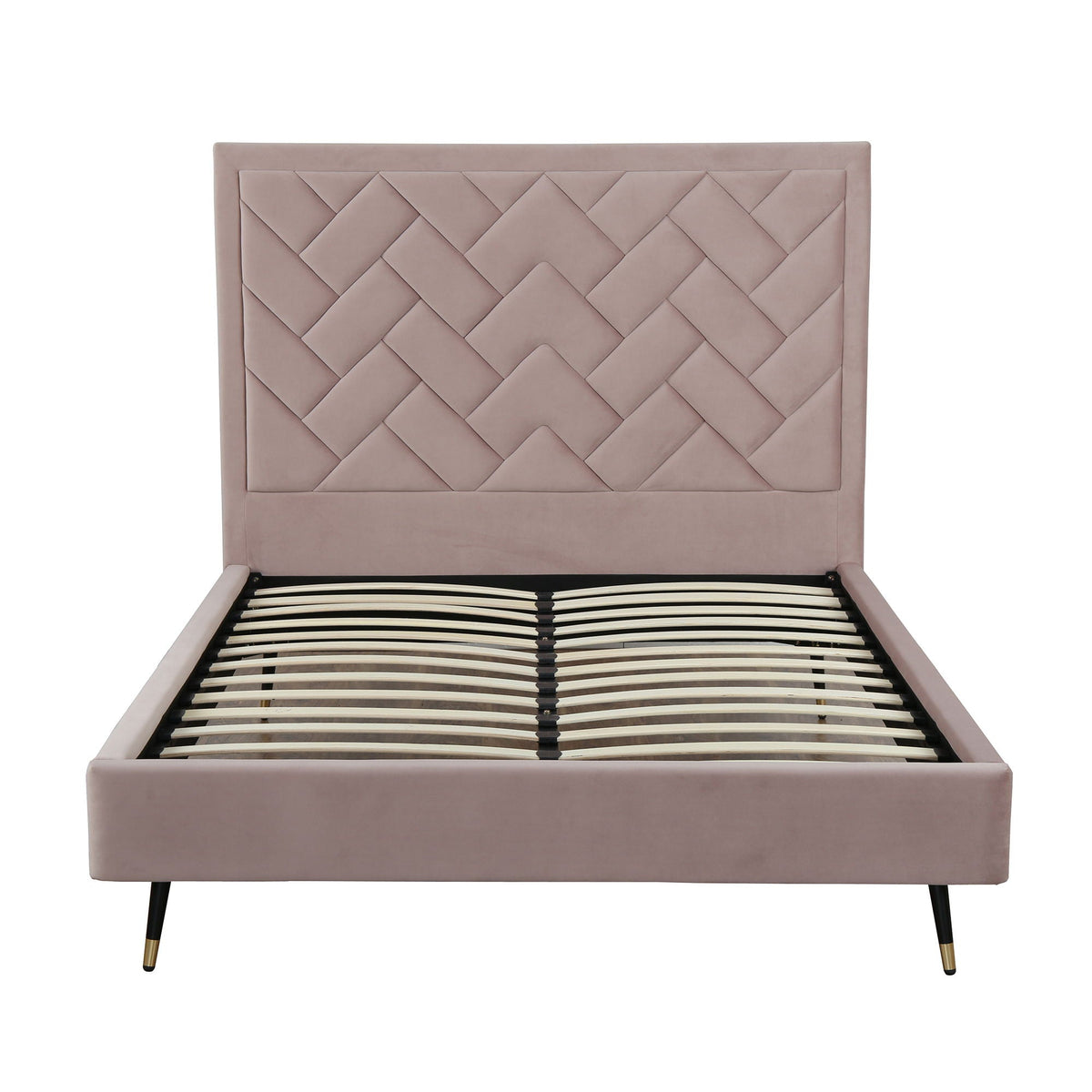 Crosby pink upholstered bed with diamond-tufted headboard and slats, black legs with gold tips on Tampa Home & Garden Store