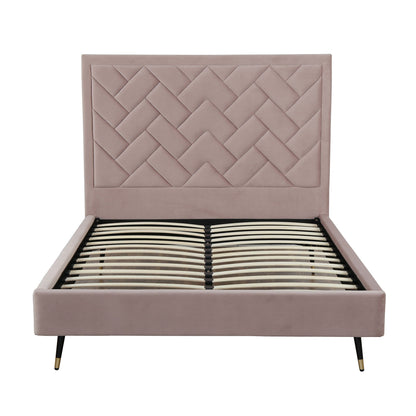 Crosby pink upholstered bed with diamond-tufted headboard and slats, black legs with gold tips on Tampa Home & Garden Store