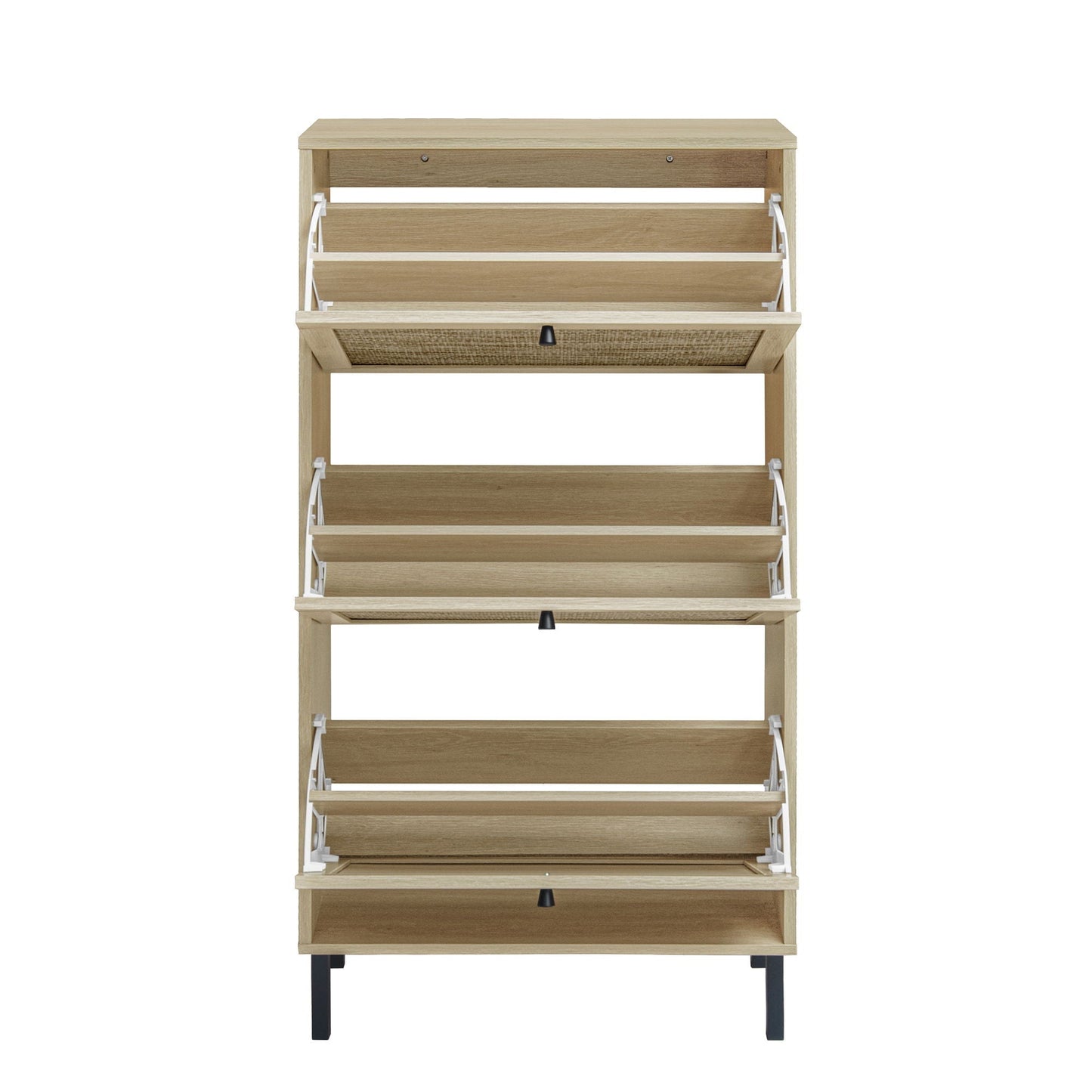 Modern rattan 3-door shoe cabinet by HouseOfZazla with natural wood finish and pullout shelves on Tampa Home & Garden Store