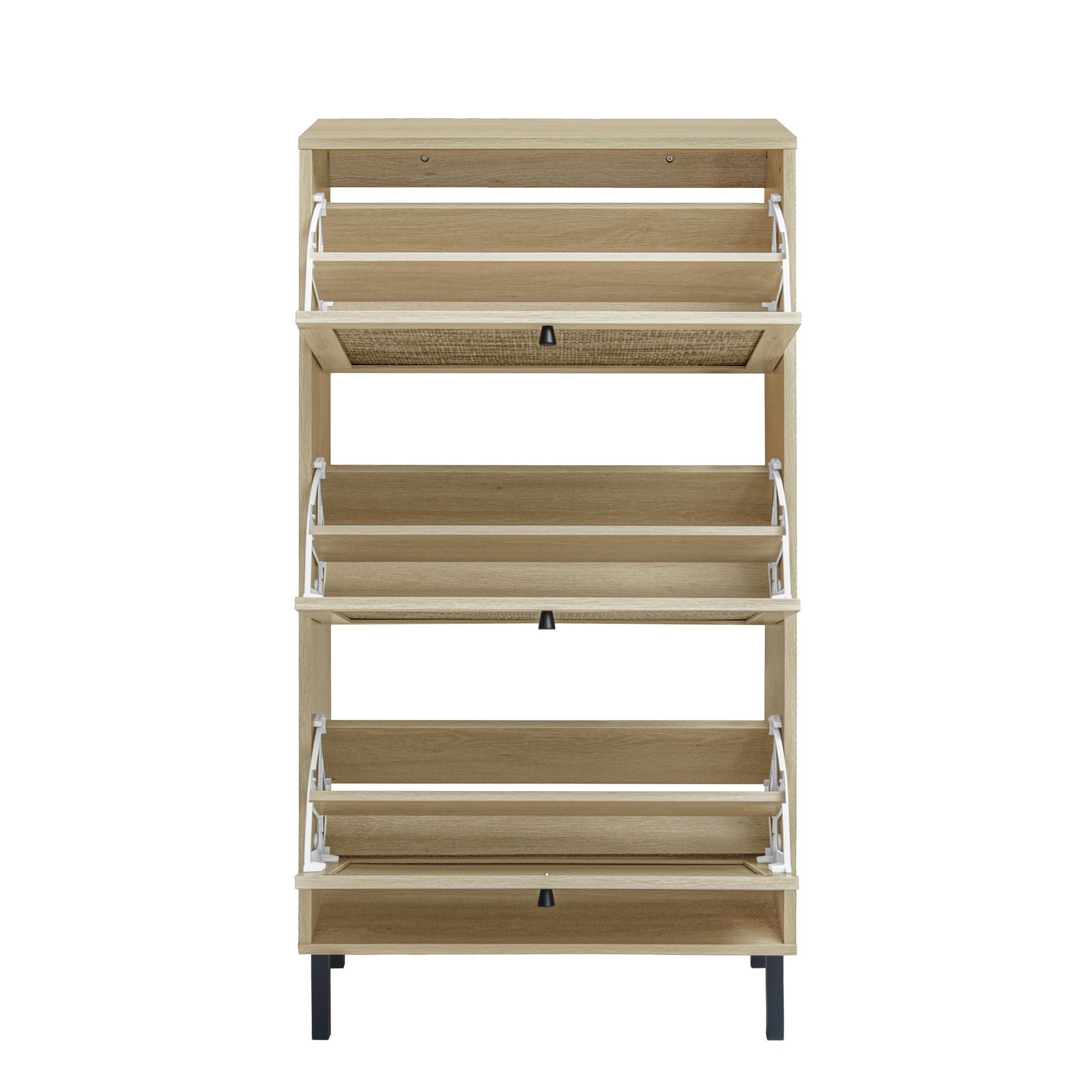 Modern rattan 3-door shoe cabinet by HouseOfZazla with natural wood finish and pullout shelves on Tampa Home & Garden Store
