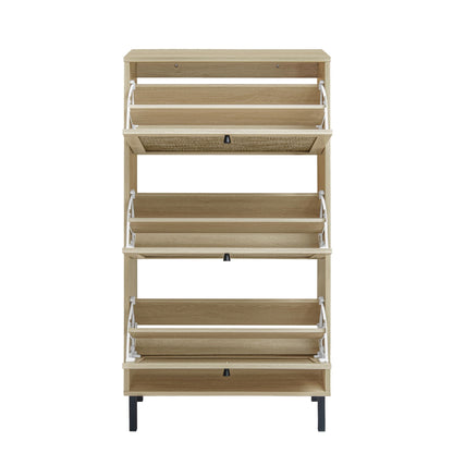 Modern rattan 3-door shoe cabinet by HouseOfZazla with natural wood finish and pullout shelves on Tampa Home & Garden Store