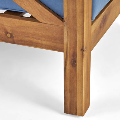 Brava Mid-Century Modern Club Chair outdoor wood frame with blue water resistant cushions on Tampa Home & Garden Store