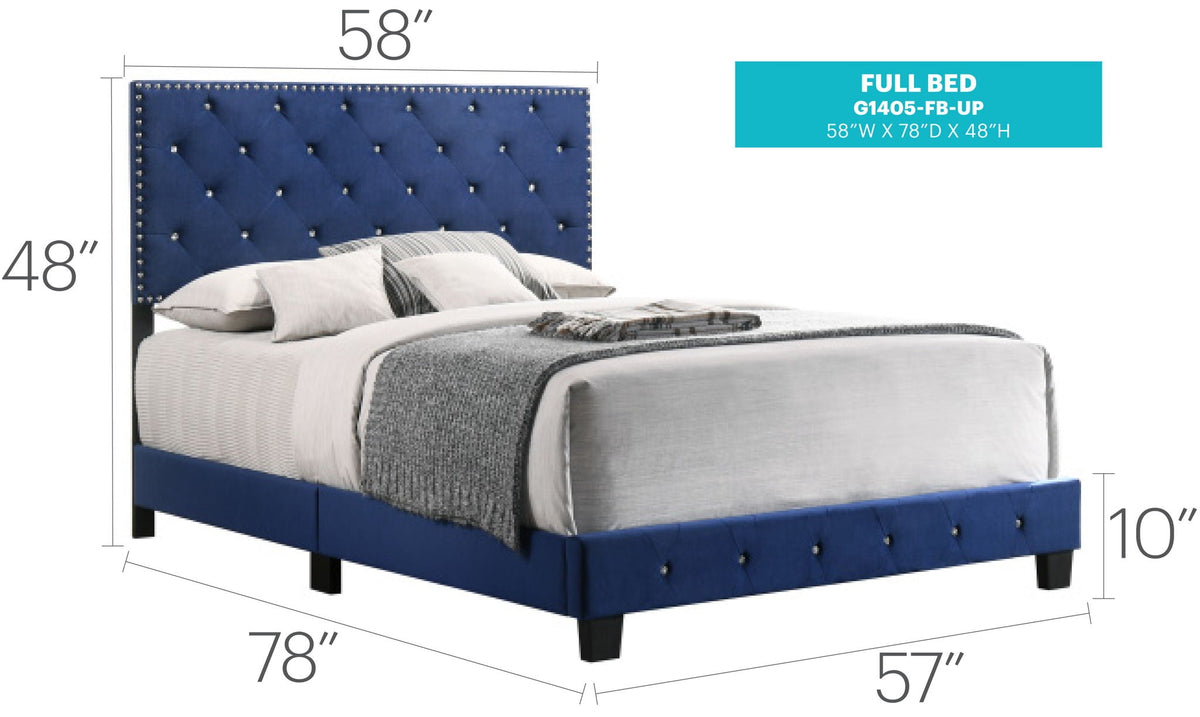 Luxurious blue fabric upholstered bed with tufted headboard and nailhead trim HouseOfZazla on Tampa Home & Garden Store