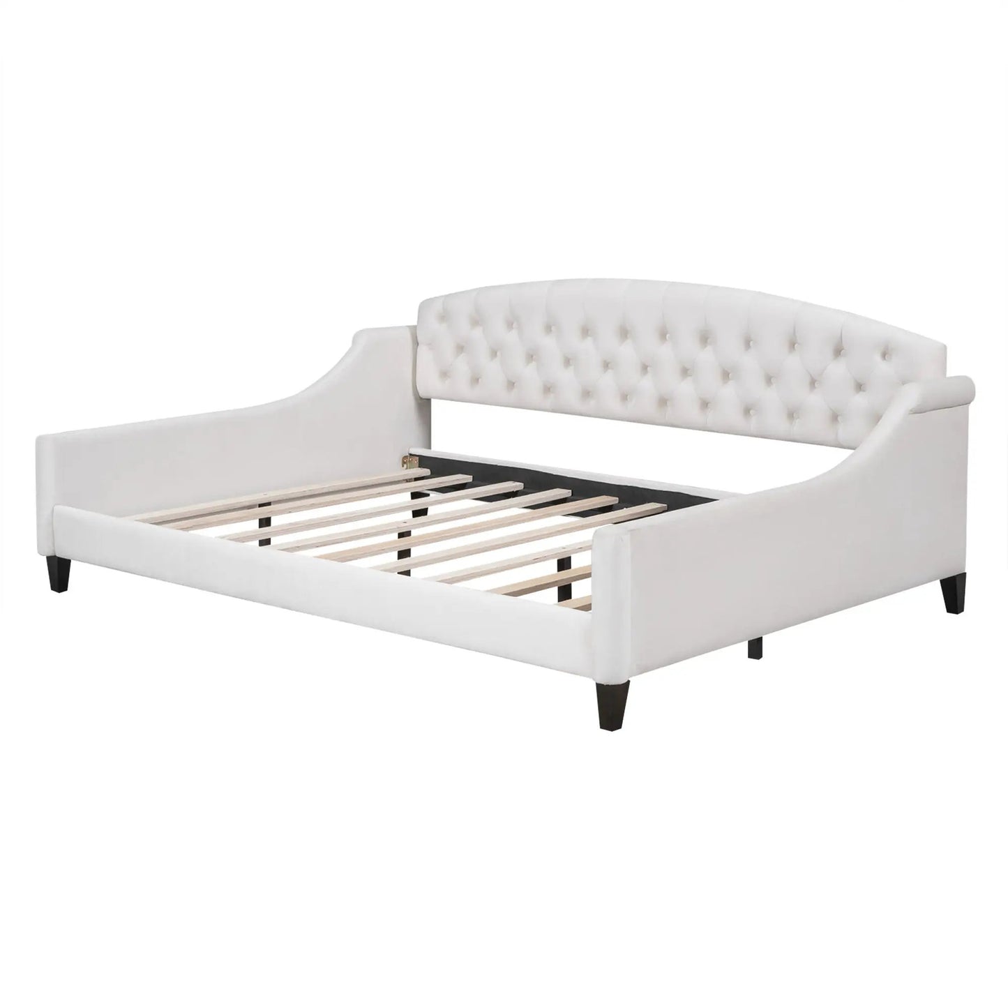 Modern Tufted Button Daybed, white upholstery with tufted back and curved arms, slatted bed base on Tampa Home & Garden Store