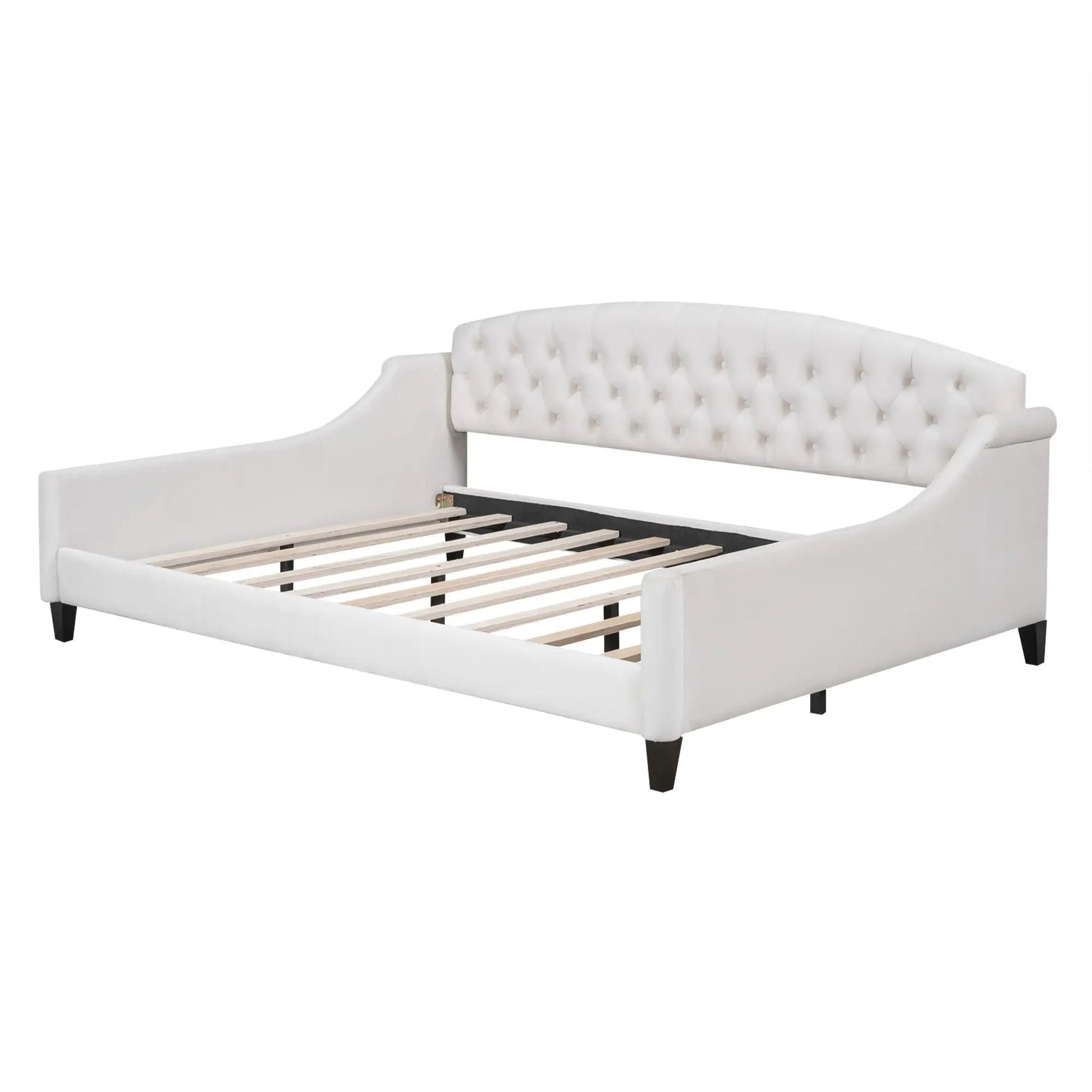 Modern Tufted Button Daybed, white upholstery with tufted back and curved arms, slatted bed base on Tampa Home & Garden Store