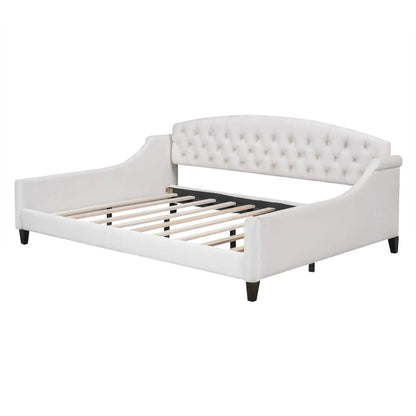 Modern Tufted Button Daybed, white upholstery with tufted back and curved arms, slatted bed base on Tampa Home & Garden Store