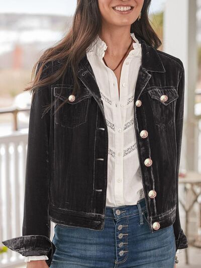 Stevvex black trucker jacket with two chest pockets and button-front, relaxed fit on Tampa Home & Garden Store