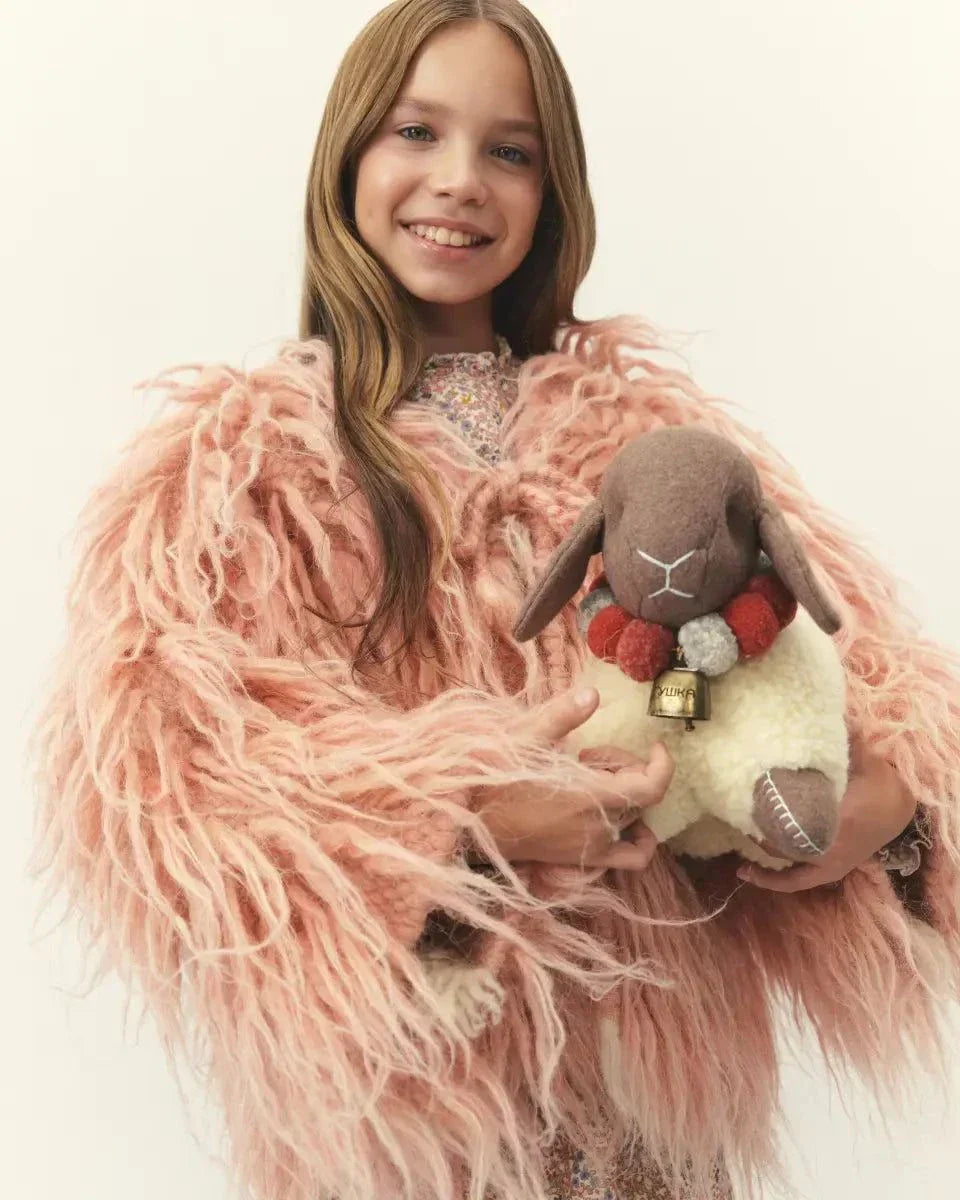 Large Wool Lamb Toy by CREATING COMFORT; plush gray head, cream body, red pom-pom scarf, bell on Tampa Home & Garden Store