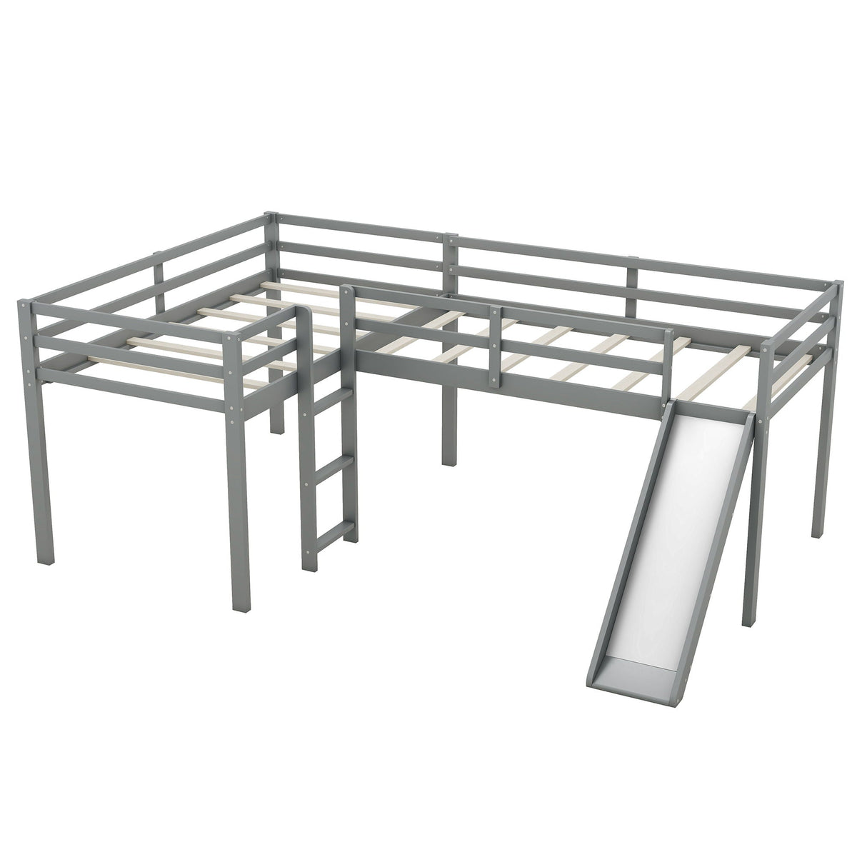 L-shaped loft bed with ladder and slide, gray metal frame on Tampa Home & Garden Store
