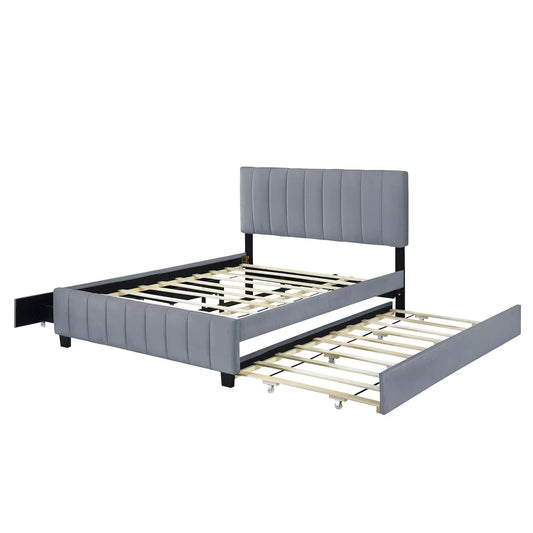 Queen velvet upholstered bed with twin XL trundle, grey tufted headboard, platform bed frame on Tampa Home & Garden Store