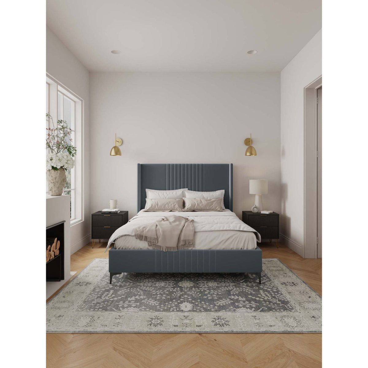 Promenade upholstered bed with blue tufted headboard and slats, HouseOfZazla on Tampa Home & Garden Store