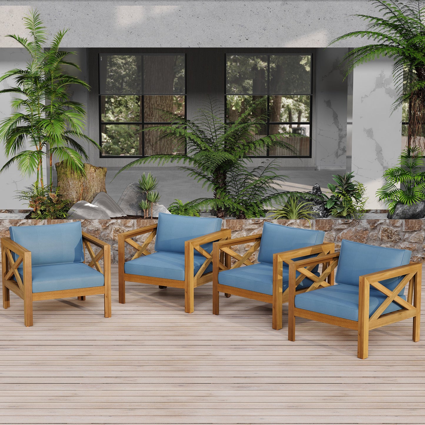 Outdoor Acacia Wood Club Armchairs with Cushions blue, set of 2 by HouseOfZazla for patio on Tampa Home & Garden Store