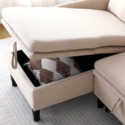 L-shaped reversible chaise sectional sofa in beige fabric with black legs on Tampa Home & Garden Store