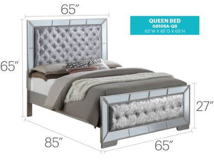 Queen panel bed by HouseOfZazla with mirrored frame and tufted gray headboard on Tampa Home & Garden Store