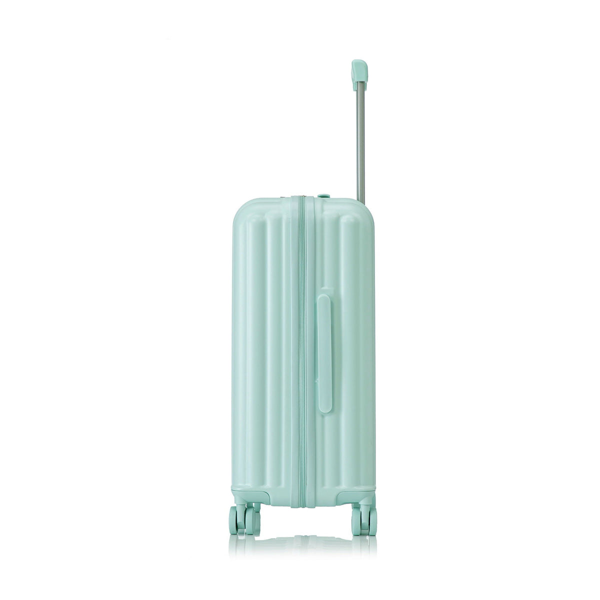 Mint green spinner luggage carry-on with telescoping handle and four wheels on Tampa Home & Garden Store