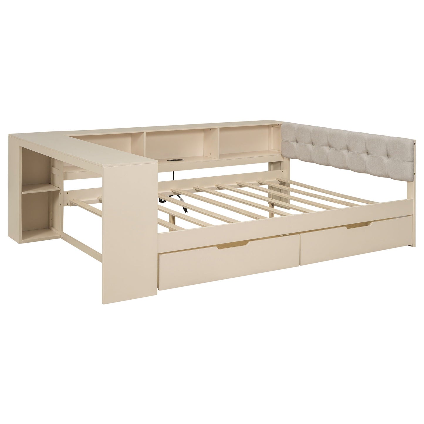 Beige upholstered platform bed with integrated storage shelves and drawers, tufted headboard on Tampa Home & Garden Store