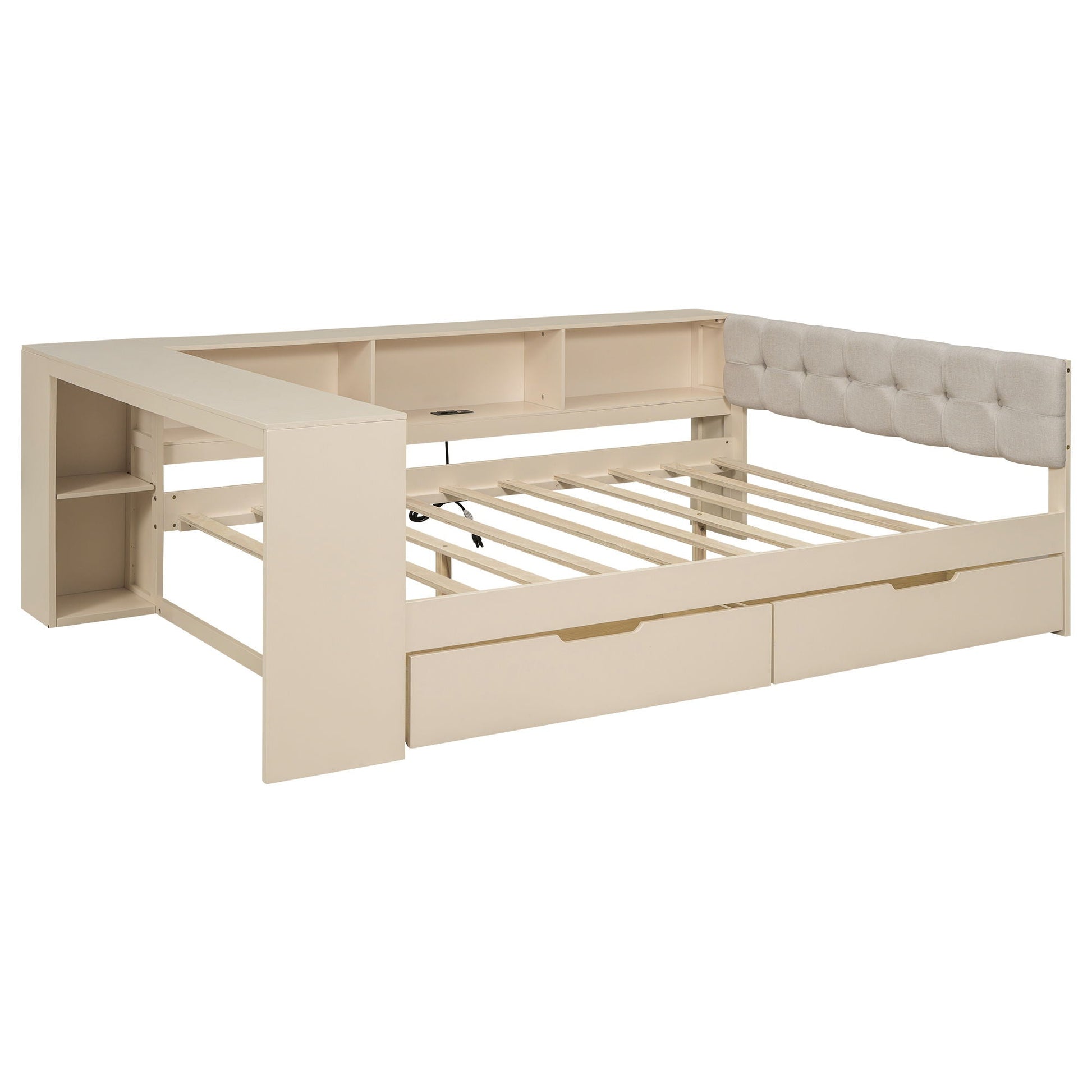 Beige upholstered platform bed with integrated storage shelves and drawers, tufted headboard on Tampa Home & Garden Store
